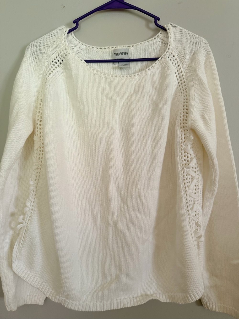 Together Women's White Knit Sweater with Knit  Lace UpDetail